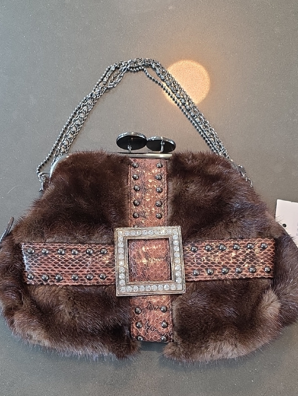Brown Mink and Snake-Texture Evening Bag with Rhinestone Buckle & Kiss Closure